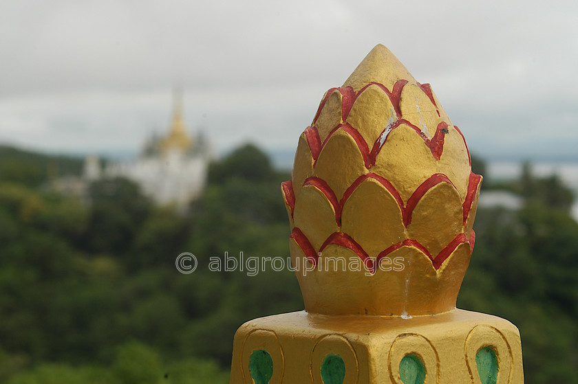 Burma - 00980 
 Close up of temple building Lotus petals decoration, Hills of Sagaing Tour Views from Son U Pon Nya Sin Pagoda 
 Keywords: building, Bagan, Myanmar, architecture, Asia, Burma, religious building