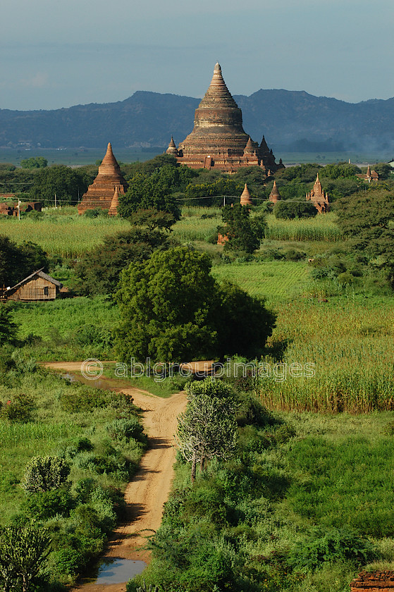 Burma - 00338 
 Bagan Plain - Temples of Bagan The spectacular plain of Bagan in which stand thousands of Stupas and Pahto (temples) adjacent to the Ayeyarwady (Irrawaddy) River 
 Keywords: architecture, Stupa, Burma, Asia, Ayeyarwady River, building, Bagan, religious building, Landscape, Myanmar